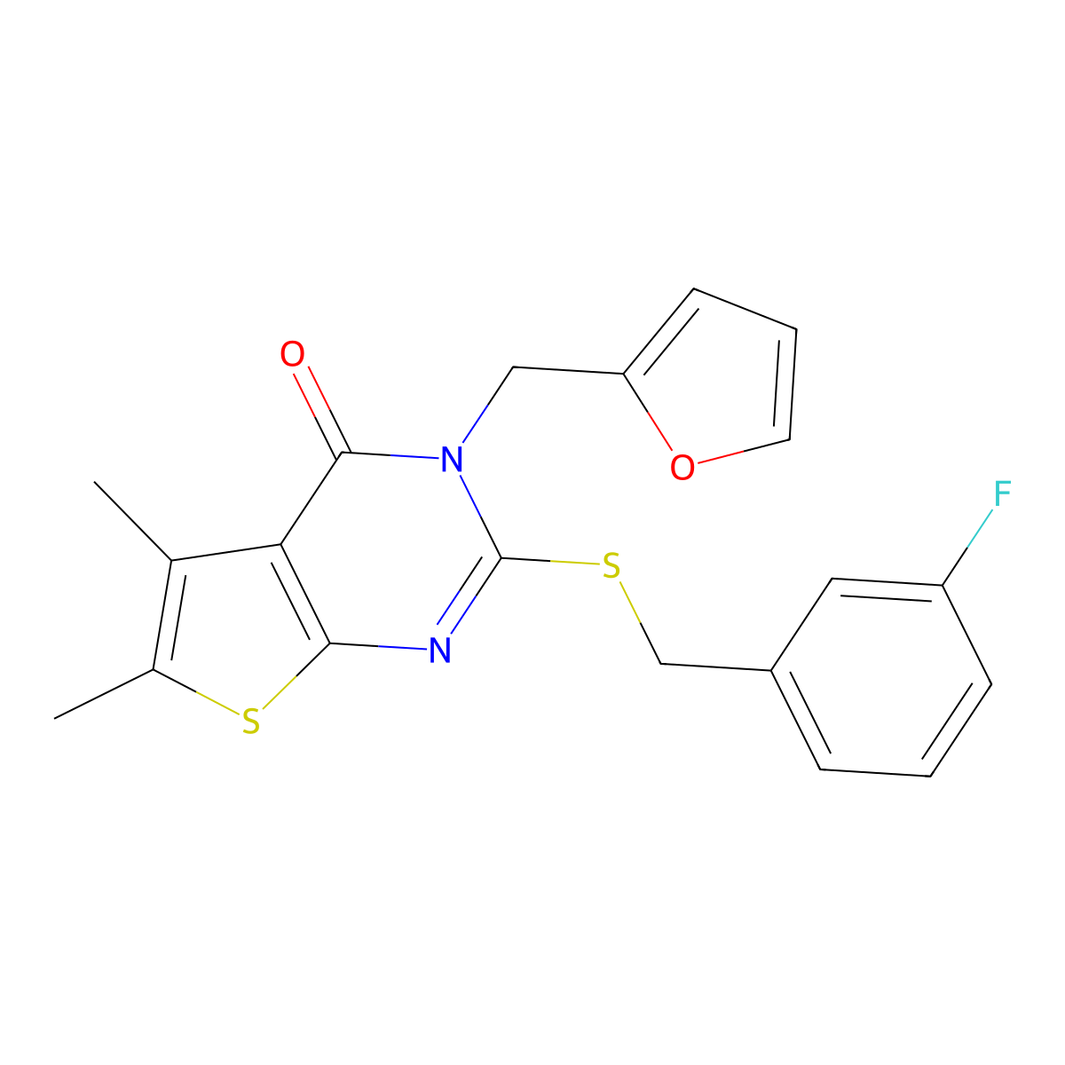 2-[(3-fluorobenzyl)sulfanyl]-3-(furan-2-ylmethyl)-5,6-dimethylthieno[2,3-d]pyrimidin-4(3H)-one molecular structure, CAS 679414-21-2