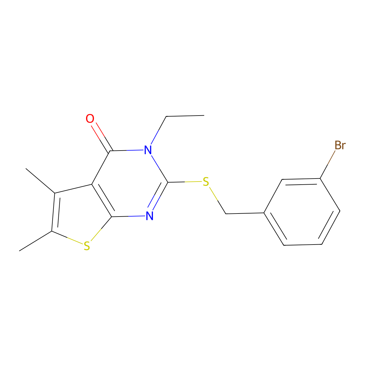 2-[(3-bromobenzyl)sulfanyl]-3-ethyl-5,6-dimethylthieno[2,3-d]pyrimidin-4(3H)-one molecular structure, CAS 679416-17-2
