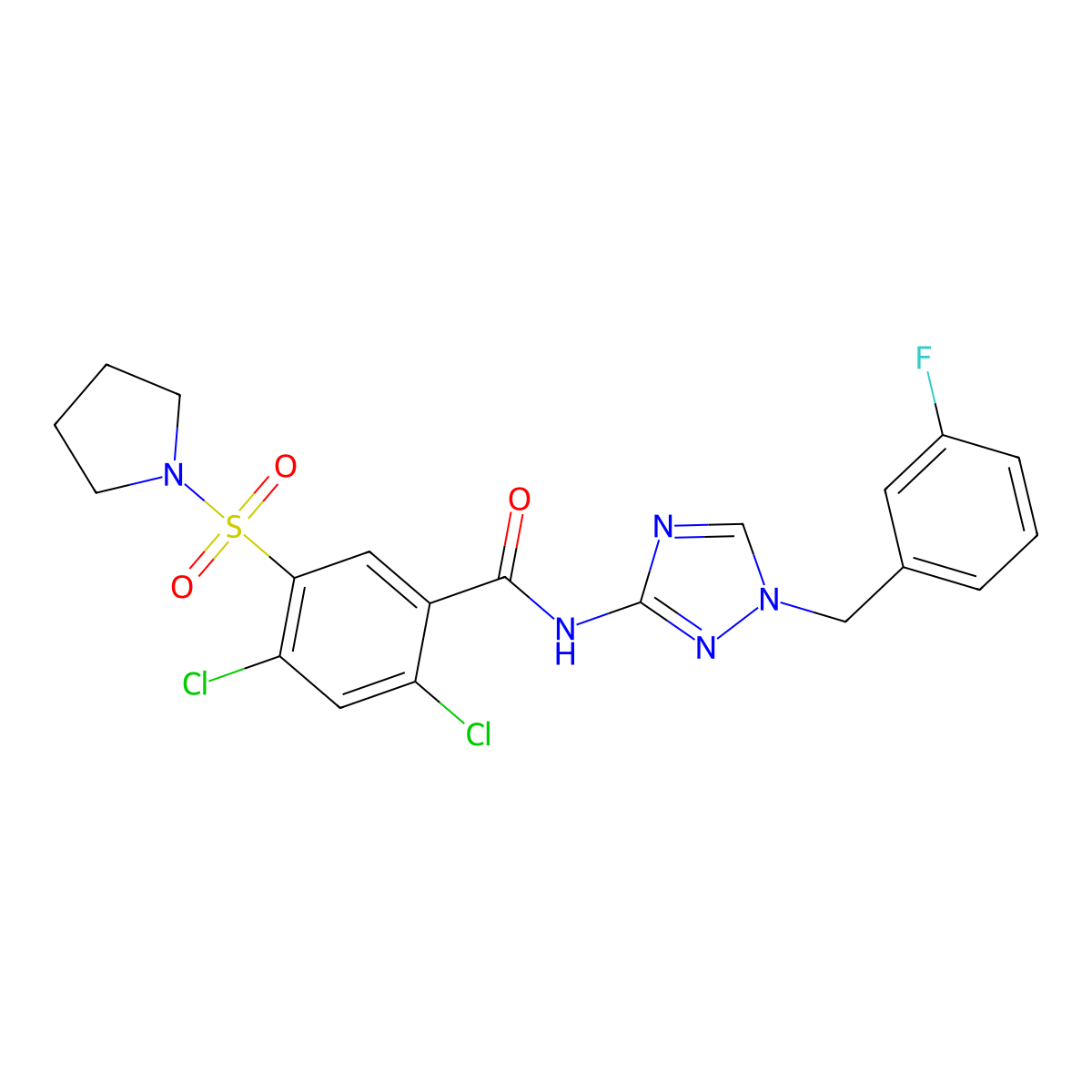 2,4-dichloro-N-[1-(3-fluorobenzyl)-1H-1,2,4-triazol-3-yl]-5-(pyrrolidin-1-ylsulfonyl)benzamide molecular structure, CAS 679420-40-7