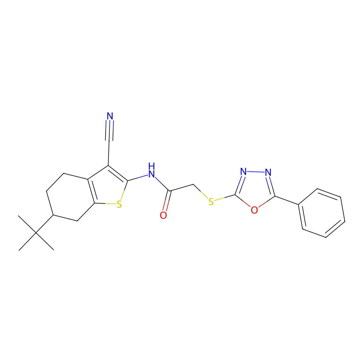 N-(6-tert-butyl-3-cyano-4,5,6,7-tetrahydro-1-benzothiophen-2-yl)-2-[(5-phenyl-1,3,4-oxadiazol-2-yl)sulfanyl]acetamide molecular structure, CAS 679420-62-3