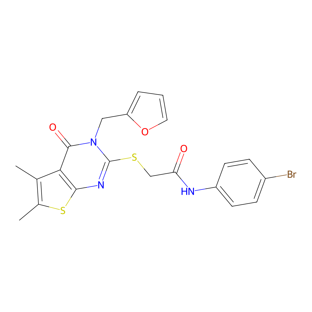 N-(4-bromophenyl)-2-[3-(2-furylmethyl)-5,6-dimethyl-4-oxo(3-hydrothiopheno[2,3-d]pyrimidin-2-ylthio)]acetamide molecular structure, CAS 679425-40-2