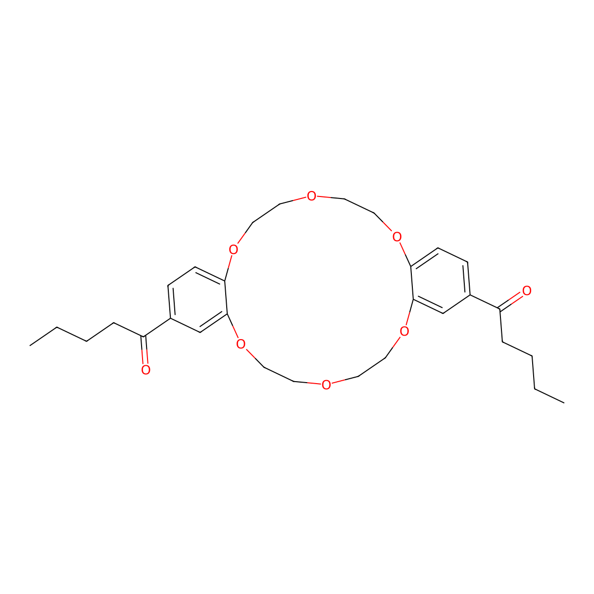 1,1'-(6,7,9,10,17,18,20,21-Octahydrodibenzo[b,k][1,4,7,10,13,16]hexaoxacyclooctadecine-2,14-diyl)bis(pentan-1-one) molecular structure, CAS 67967-50-4