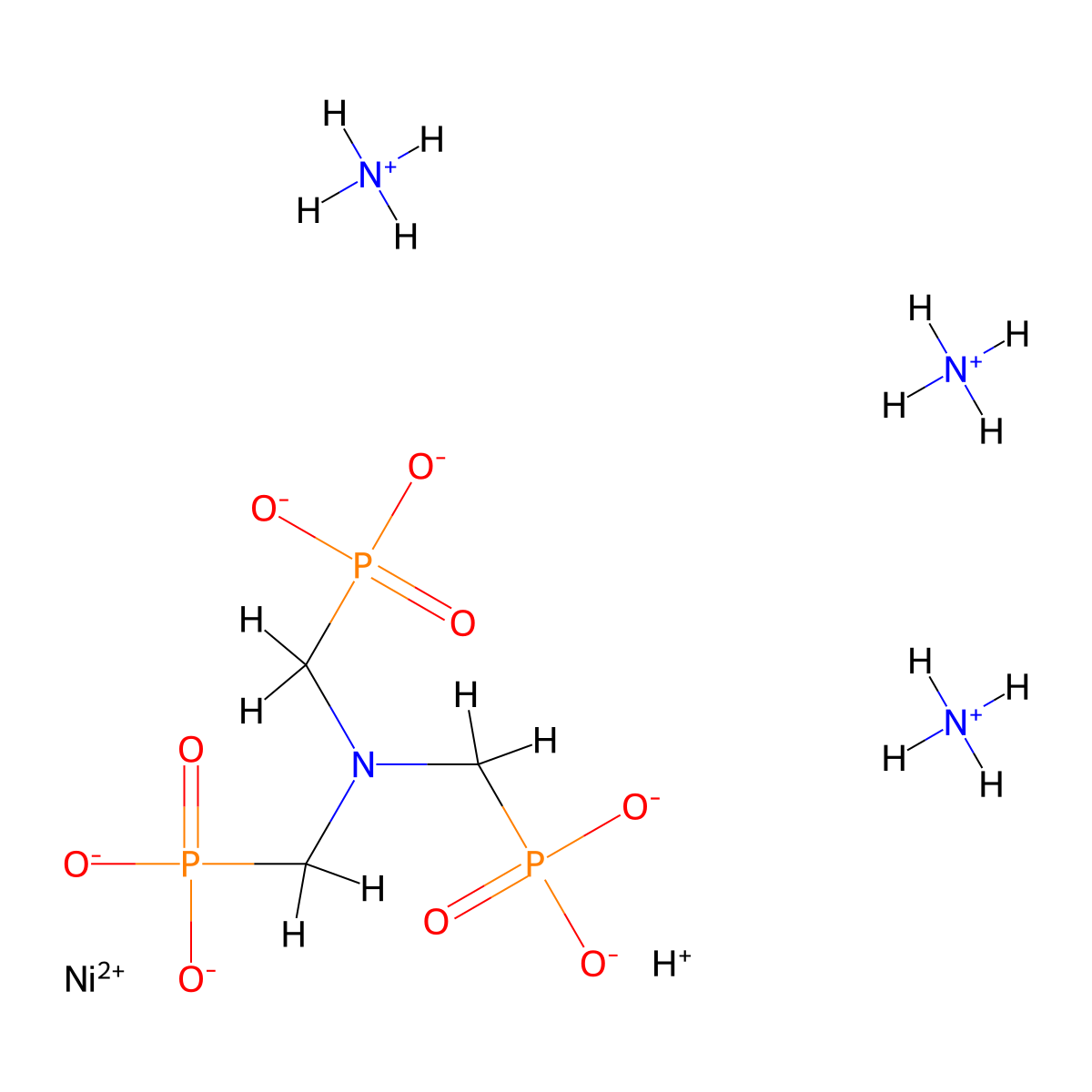 Nickelate(4-), ((P,P'-((nitrilo-kappaN)tris(methylene))tris(phosphonato-kappaO))(6-))-, ammonium hydrogen (1:3:1), (T-4)- molecular structure, CAS 67968-22-3