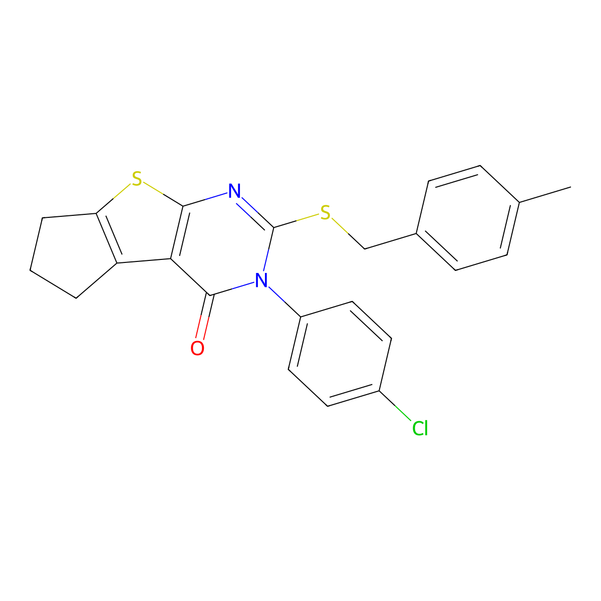 3-(4-chlorophenyl)-2-[(4-methylbenzyl)sulfanyl]-3,5,6,7-tetrahydro-4H-cyclopenta[4,5]thieno[2,3-d]pyrimidin-4-one molecular structure, CAS 679798-39-1