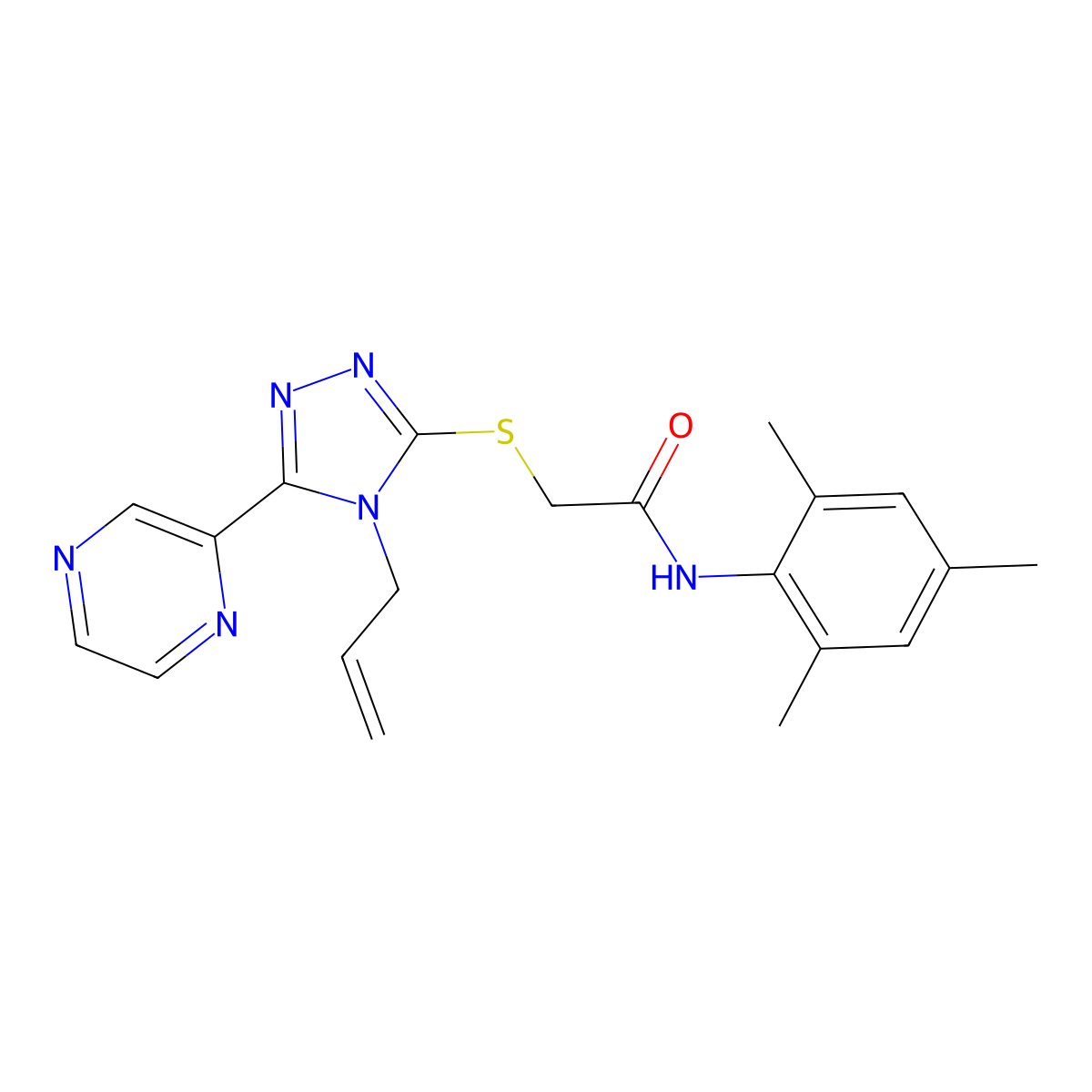 2-{[4-(prop-2-en-1-yl)-5-(pyrazin-2-yl)-4H-1,2,4-triazol-3-yl]sulfanyl}-N-(2,4,6-trimethylphenyl)acetamide molecular structure, CAS 679798-85-7