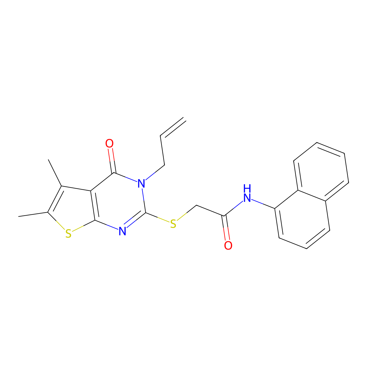 2-(5,6-dimethyl-4-oxo-3-prop-2-enyl(3-hydrothiopheno[2,3-d]pyrimidin-2-ylthio))-N-naphthylacetamide molecular structure, CAS 679798-87-9