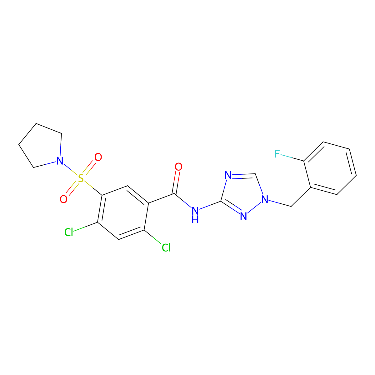 2,4-dichloro-N-[1-(2-fluorobenzyl)-1H-1,2,4-triazol-3-yl]-5-(pyrrolidin-1-ylsulfonyl)benzamide molecular structure, CAS 679798-97-1