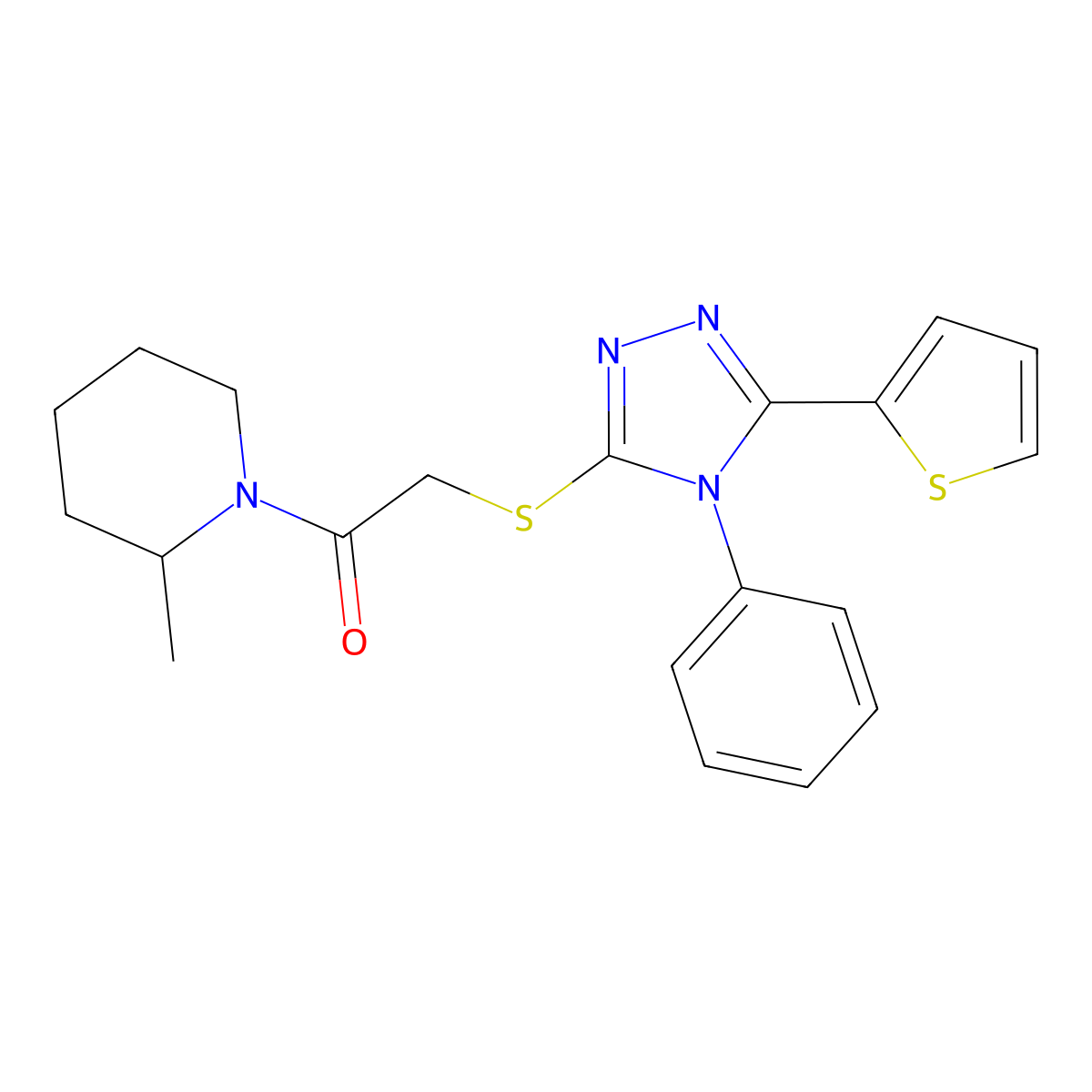 1-(2-Methylpiperidin-1-yl)-2-[(4-phenyl-5-thiophen-2-yl-1,2,4-triazol-3-yl)sulfanyl]ethanone molecular structure, CAS 679804-38-7