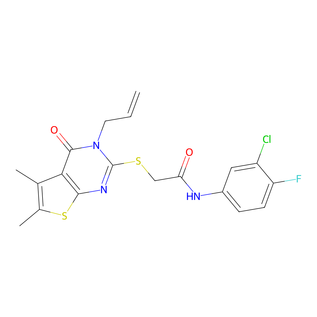 N-(3-chloro-4-fluorophenyl)-2-{[5,6-dimethyl-4-oxo-3-(prop-2-en-1-yl)-3,4-dihydrothieno[2,3-d]pyrimidin-2-yl]sulfanyl}acetamide molecular structure, CAS 679804-64-9