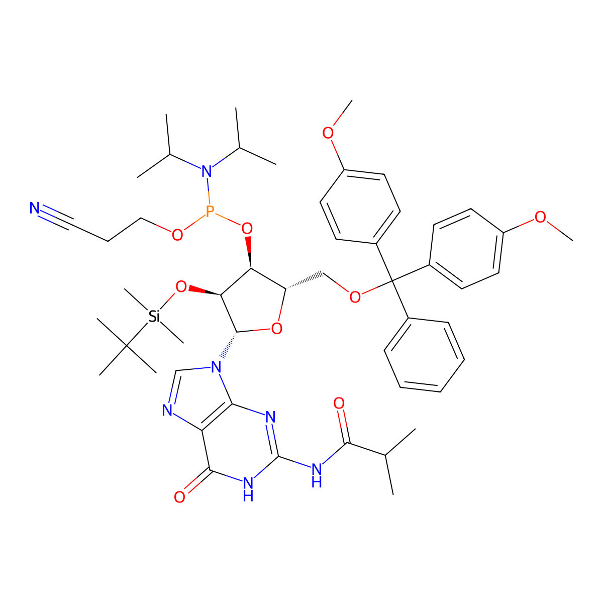 (2S,3S,4S,5S)-2-((Bis(4-methoxyphenyl)(phenyl)methoxy)methyl)-4-((tert-butyldimethylsilyl)oxy)-5-(2-isobutyramido-6-oxo-3,6-dihydro-9H-purin-9-yl)tetrahydrofuran-3-yl (2-cyanoethyl) diisopropylphosphoramidite molecular structure, CAS 679809-76-8