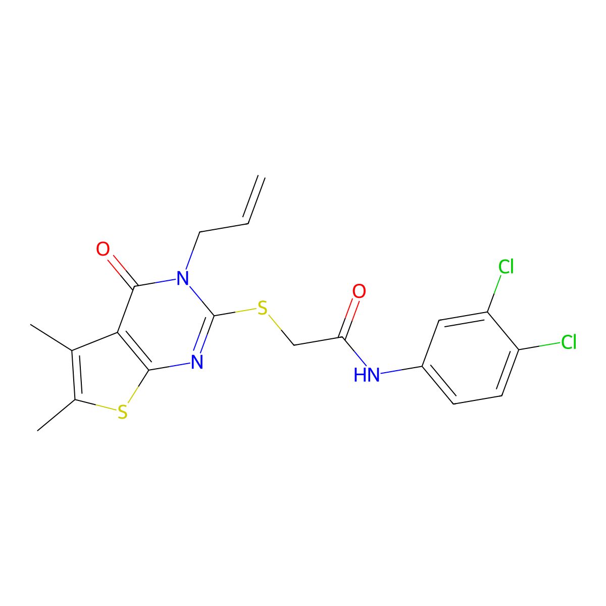 N-(3,4-dichlorophenyl)-2-(5,6-dimethyl-4-oxo-3-prop-2-enyl(3-hydrothiopheno[2, 3-d]pyrimidin-2-ylthio))acetamide molecular structure, CAS 679814-39-2