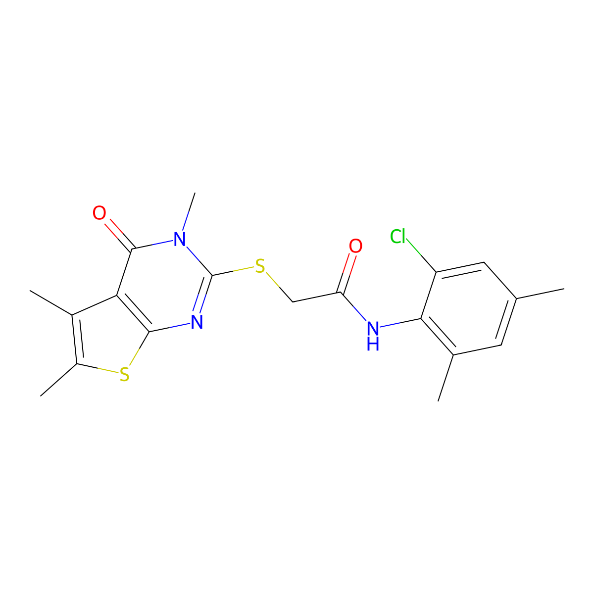 N-(2-chloro-4,6-dimethylphenyl)-2-(3,5,6-trimethyl-4-oxo(3-hydrothiopheno[2,3-d]pyrimidin-2-ylthio))acetamide molecular structure, CAS 679814-47-2