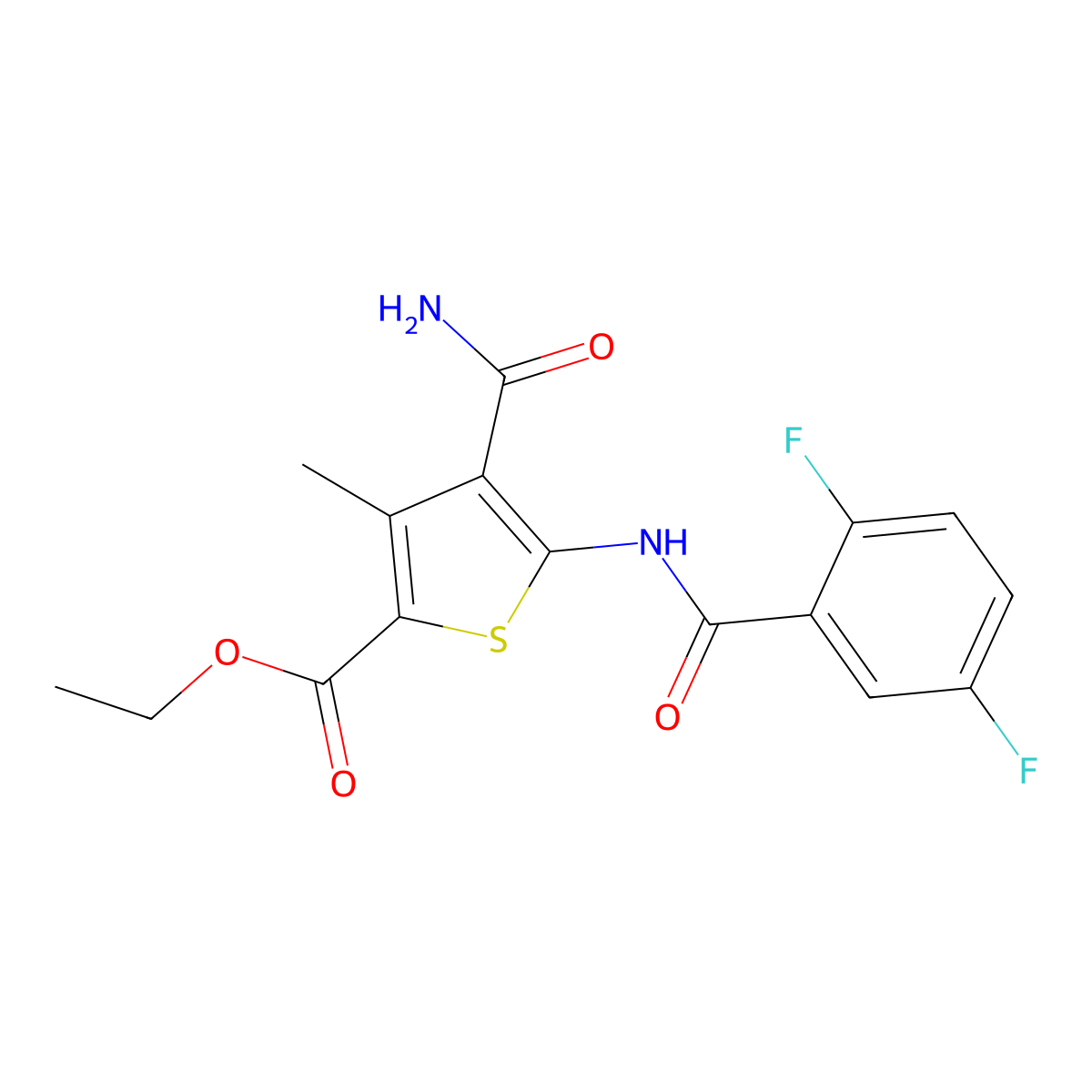 Ethyl 4-carbamoyl-5-{[(2,5-difluorophenyl)carbonyl]amino}-3-methylthiophene-2-carboxylate molecular structure, CAS 679814-82-5