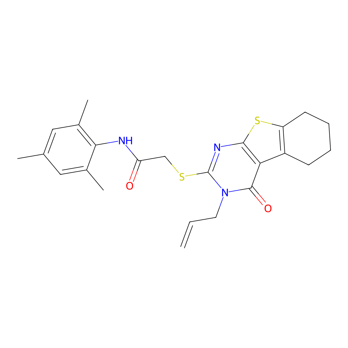 2-{[4-oxo-3-(prop-2-en-1-yl)-3,4,5,6,7,8-hexahydro[1]benzothieno[2,3-d]pyrimidin-2-yl]sulfanyl}-N-(2,4,6-trimethylphenyl)acetamide molecular structure, CAS 679815-69-1