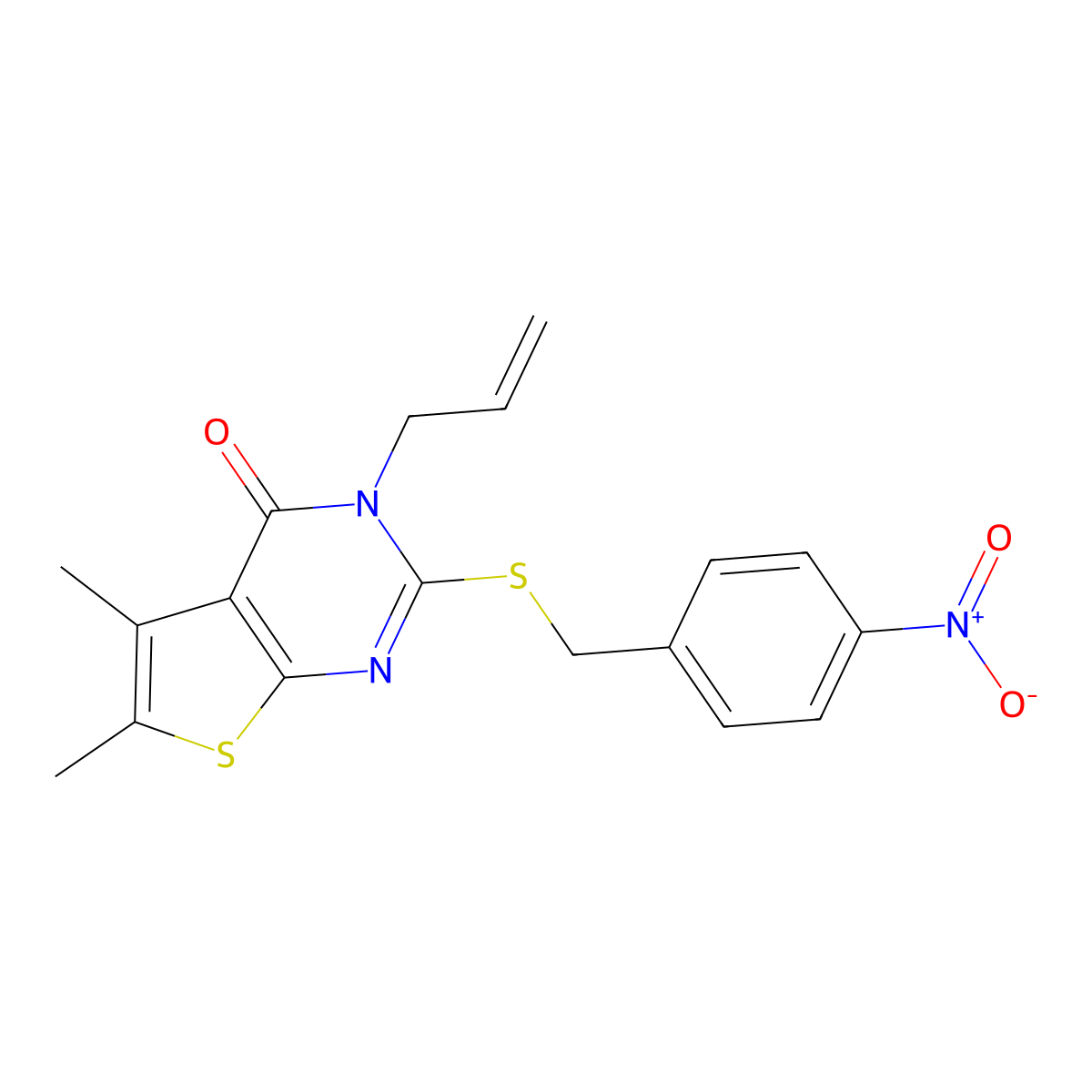 5,6-Dimethyl-2-[(4-nitrophenyl)methylsulfanyl]-3-prop-2-enylthieno[2,3-d]pyrimidin-4-one molecular structure, CAS 679821-72-8