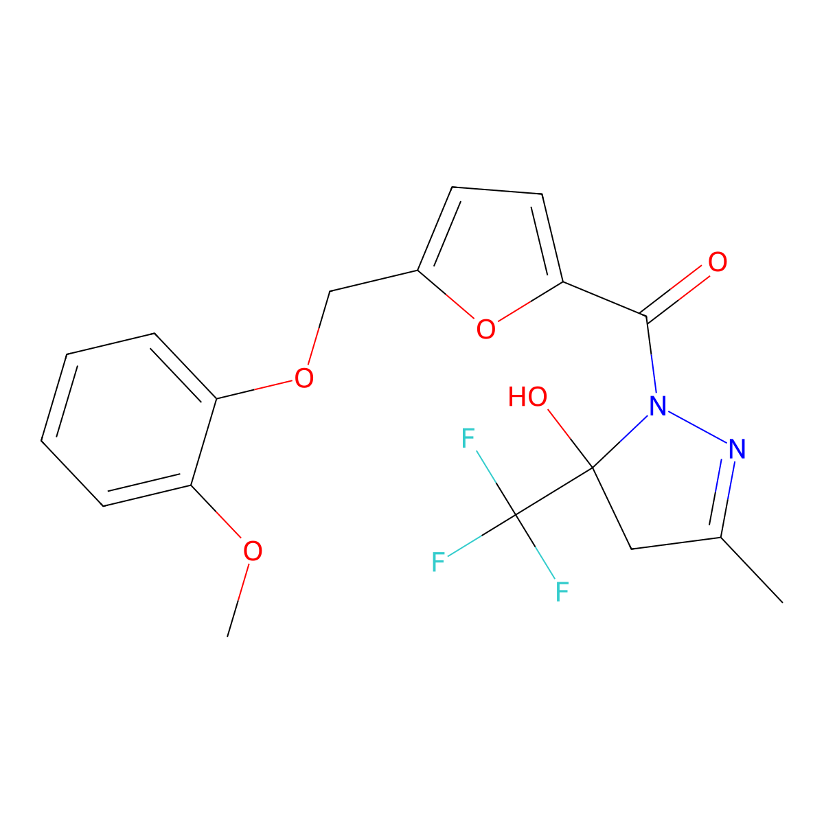 [5-hydroxy-3-methyl-5-(trifluoromethyl)-4H-pyrazol-1-yl]-[5-[(2-methoxyphenoxy)methyl]furan-2-yl]methanone molecular structure, CAS 679824-18-1