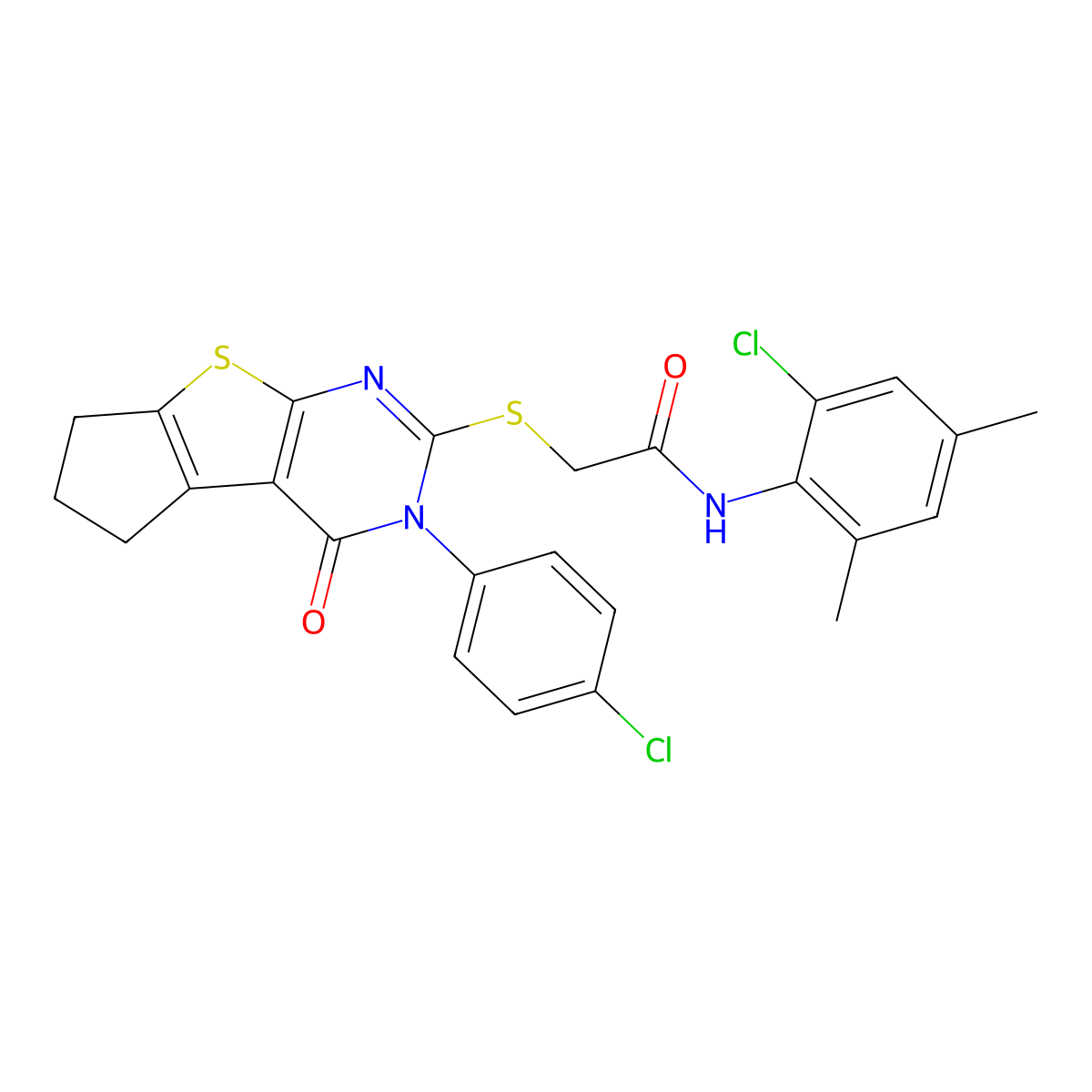 N-(2-chloro-4,6-dimethylphenyl)-2-((3-(4-chlorophenyl)-4-oxo-4,5,6,7-tetrahydro-3H-cyclopenta[4,5]thieno[2,3-d]pyrimidin-2-yl)thio)acetamide molecular structure, CAS 679826-17-6
