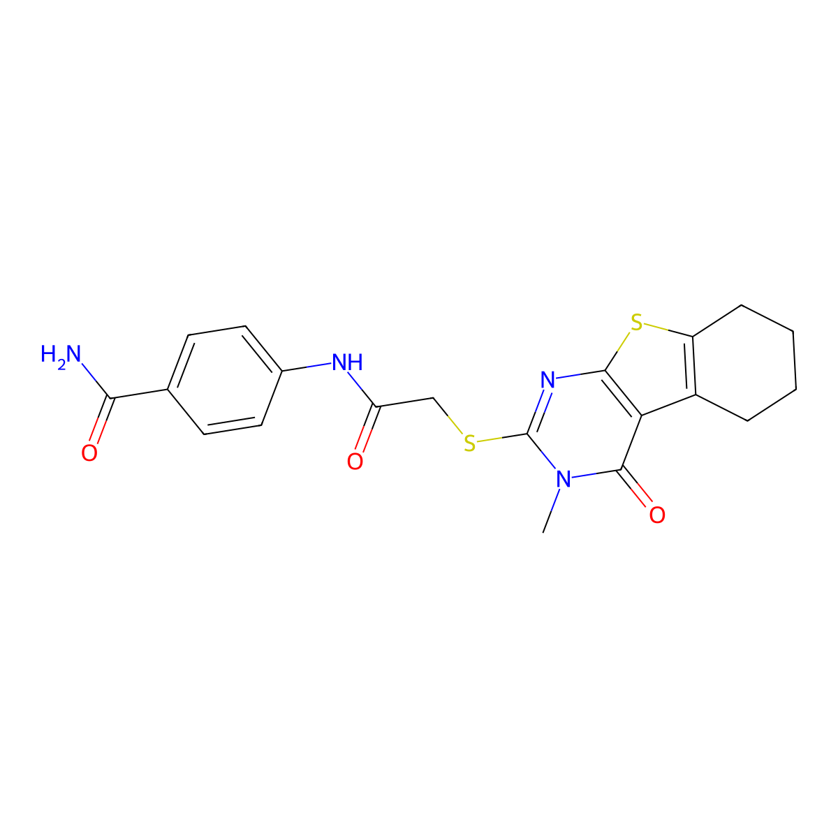 4-({[(3-Methyl-4-oxo-3,4,5,6,7,8-hexahydro[1]benzothieno[2,3-d]pyrimidin-2-yl)sulfanyl]acetyl}amino)benzamide molecular structure, CAS 679827-22-6
