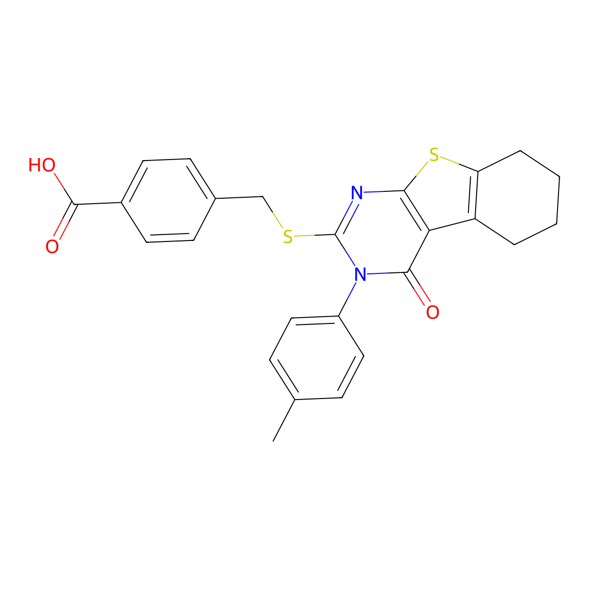 4-({[3-(4-Methylphenyl)-4-oxo-3,4,5,6,7,8-hexahydro[1]benzothieno[2,3-d]pyrimidin-2-yl]sulfanyl}methyl)benzoic acid molecular structure, CAS 679827-23-7