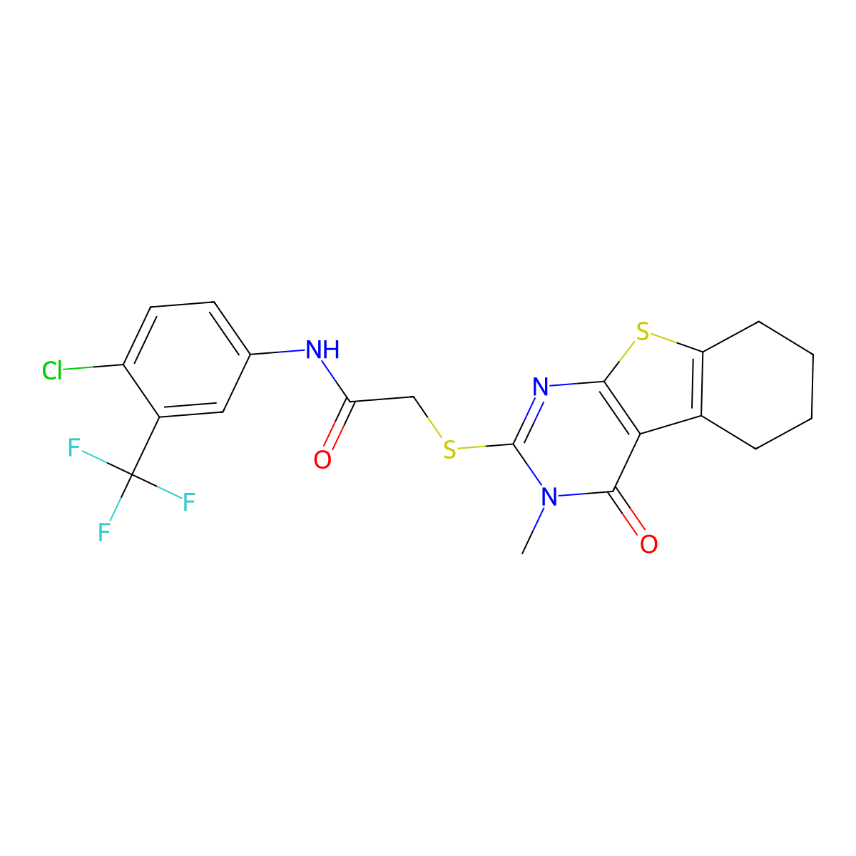 N-[4-chloro-3-(trifluoromethyl)phenyl]-2-(3-methyl-4-oxo(3,5,6,7,8-pentahydrob enzo[b]thiopheno[2,3-d]pyrimidin-2-ylthio))acetamide molecular structure, CAS 679831-54-0