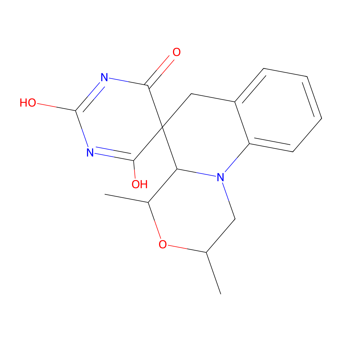 2',6'-dihydroxy-2,4-dimethyl-1,2,4,4a-tetrahydro-4'H,6H-spiro[1,4-oxazino[4,3-a]quinoline-5,5'-pyrimidin]-4'-one molecular structure, CAS 679840-32-5