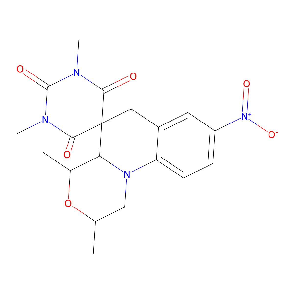 1',2,3',4-tetramethyl-8-nitro-2,4,4a,6-tetrahydro-1H,1'H-spiro[[1,4]oxazino[4,3-a]quinoline-5,5'-pyrimidine]-2',4',6'(3'H)-trione molecular structure, CAS 679840-48-3