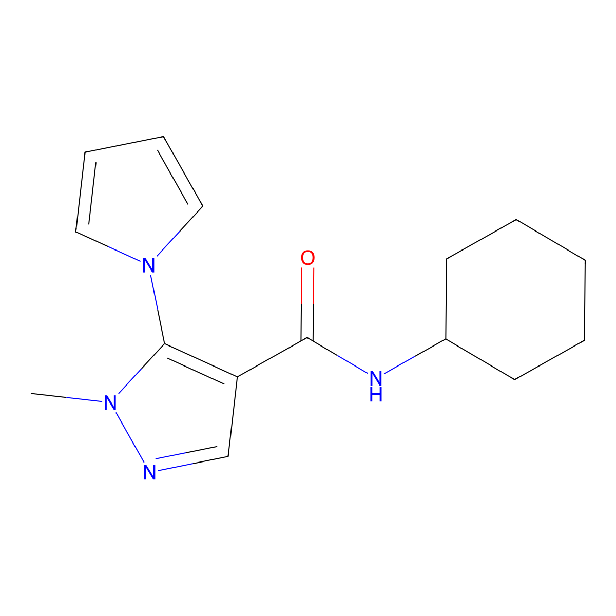 N-cyclohexyl-1-methyl-5-pyrrol-1-ylpyrazole-4-carboxamide molecular structure, CAS 680181-78-6