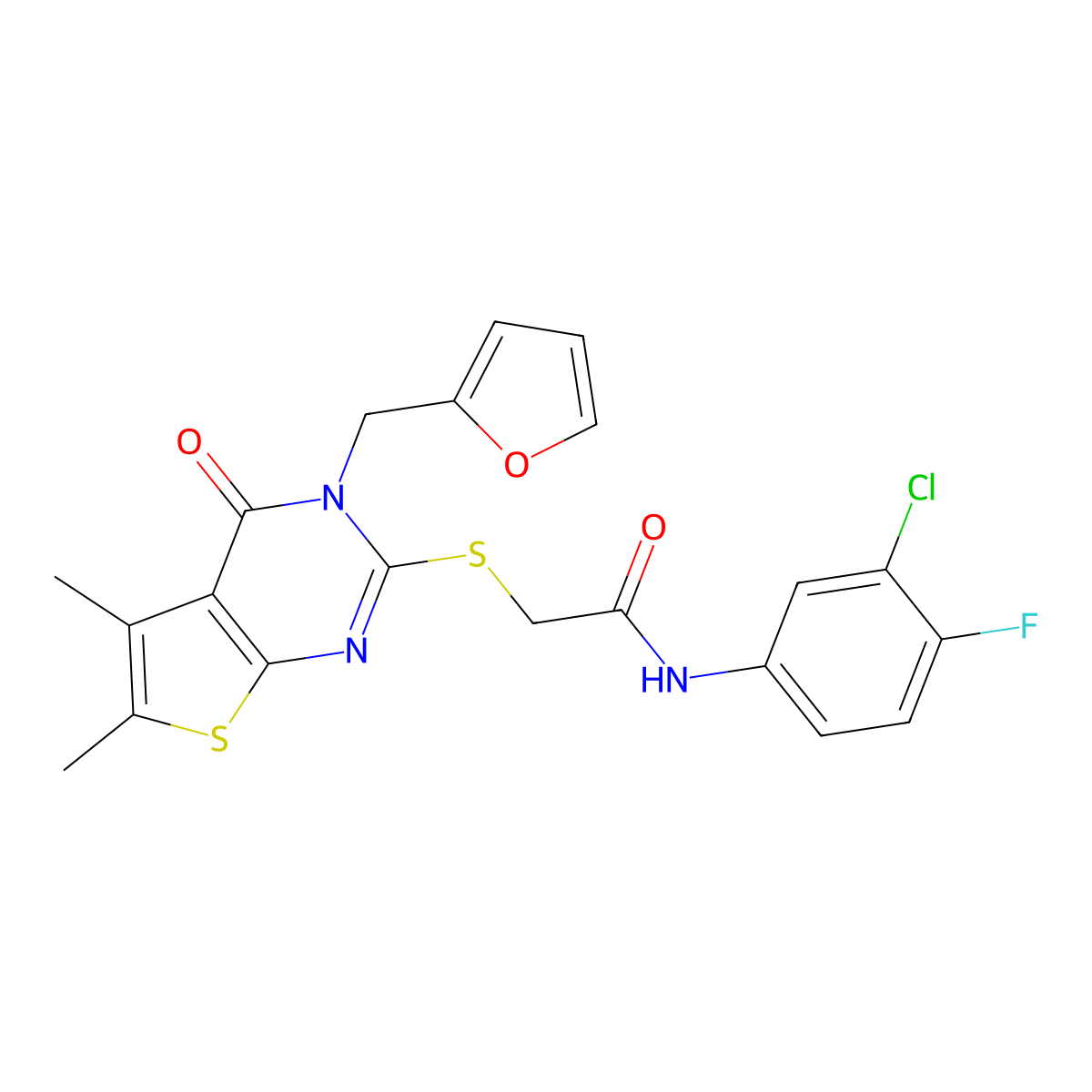 N-(3-chloro-4-fluorophenyl)-2-{[3-(furan-2-ylmethyl)-5,6-dimethyl-4-oxo-3,4-dihydrothieno[2,3-d]pyrimidin-2-yl]sulfanyl}acetamide molecular structure, CAS 680200-48-0