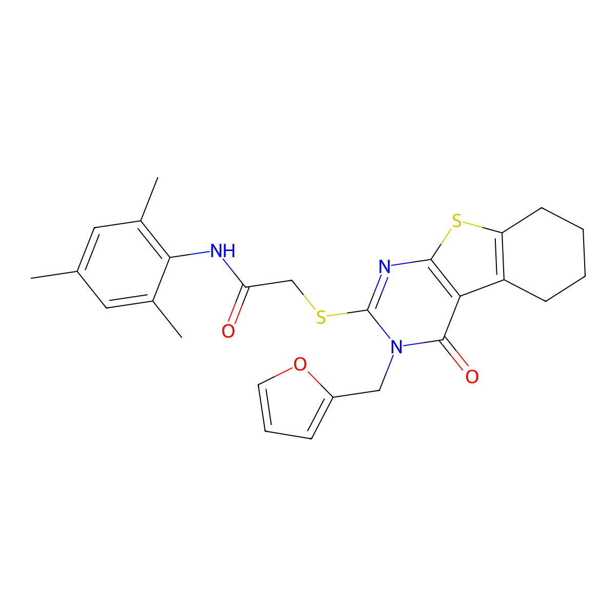 2-[3-(2-furylmethyl)-4-oxo(3,5,6,7,8-pentahydrobenzo[b]thiopheno[2,3-d]pyrimid in-2-ylthio)]-N-(2,4,6-trimethylphenyl)acetamide molecular structure, CAS 680204-94-8