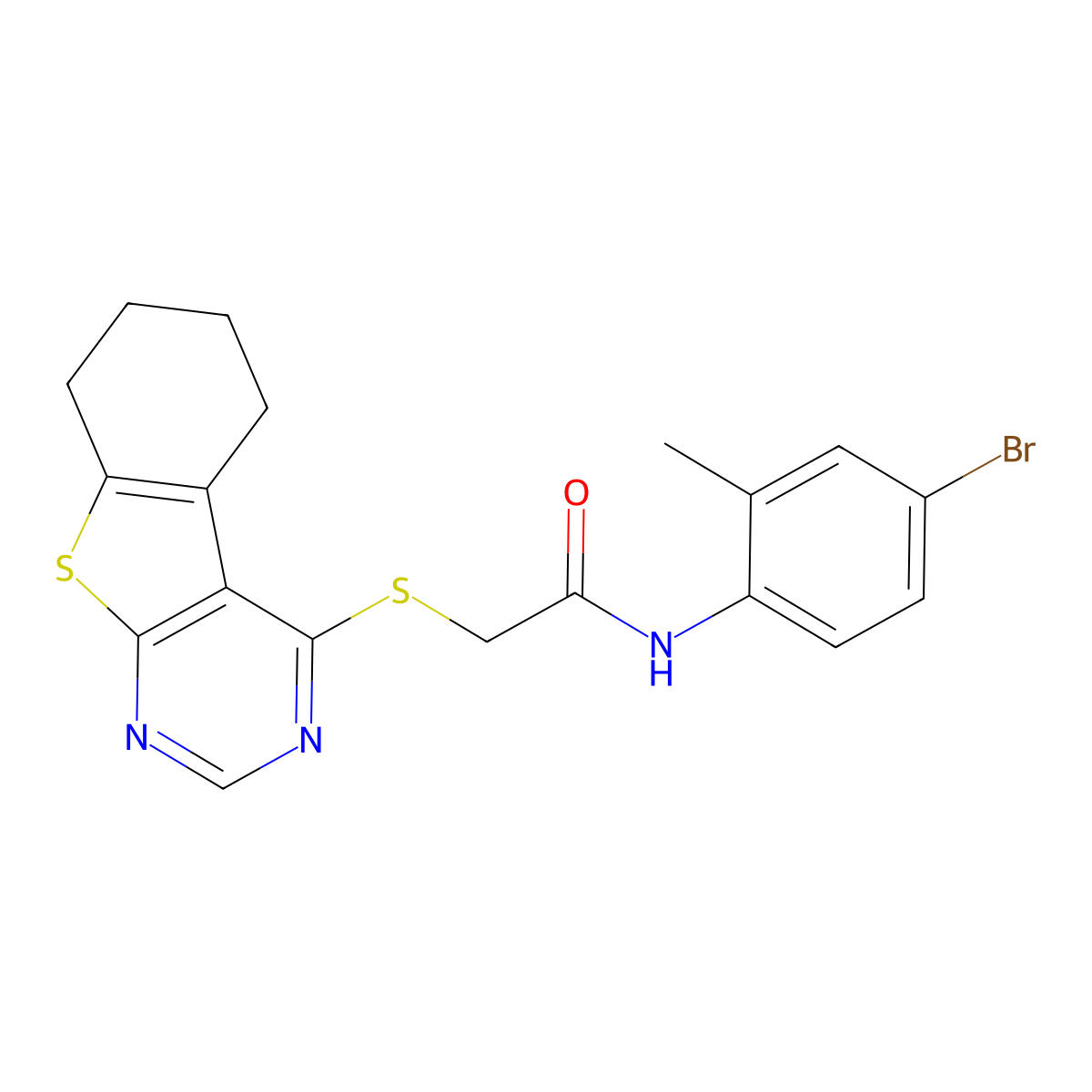 N-(4-bromo-2-methylphenyl)-2-(5,6,7,8-tetrahydro[1]benzothieno[2,3-d]pyrimidin-4-ylsulfanyl)acetamide molecular structure, CAS 680205-88-3