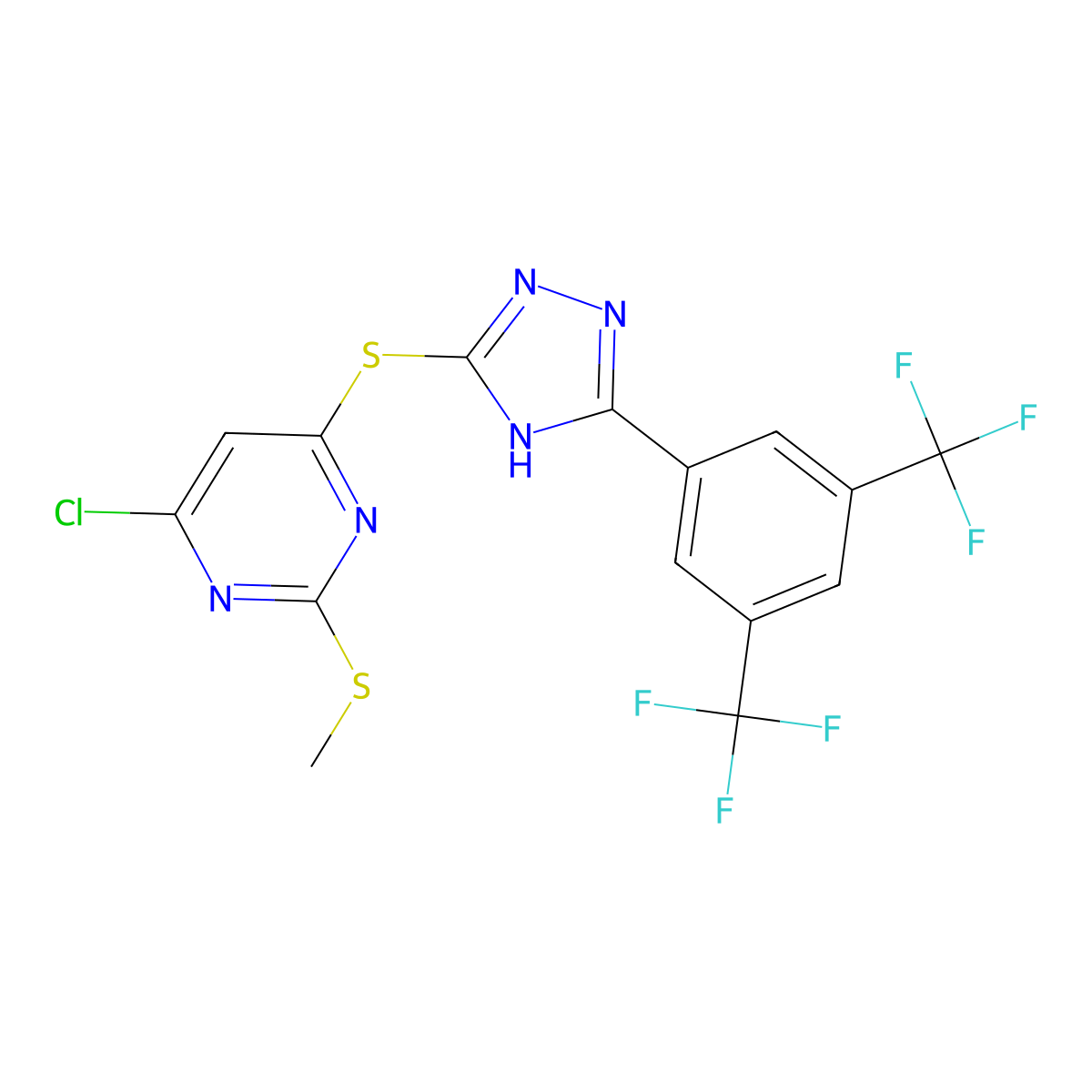 4-chloro-6-({5-[3,5-di(trifluoromethyl)phenyl]-4H-1,2,4-triazol-3-yl}thio)-2-(methylthio)pyrimidine molecular structure, CAS 680217-14-5