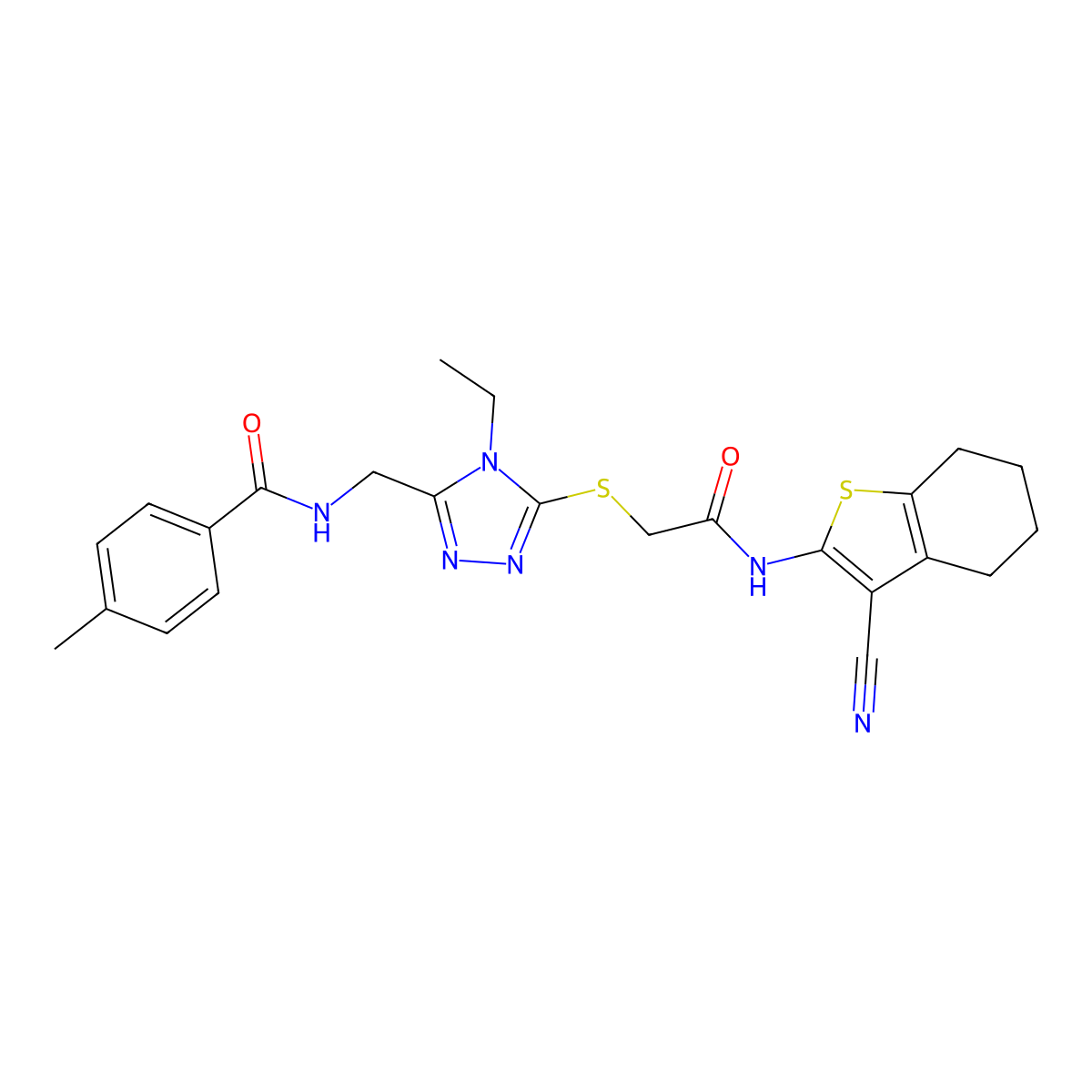 N-[[5-[2-[(3-cyano-4,5,6,7-tetrahydro-1-benzothiophen-2-yl)amino]-2-oxoethyl]sulfanyl-4-ethyl-1,2,4-triazol-3-yl]methyl]-4-methylbenzamide molecular structure, CAS 680219-35-6