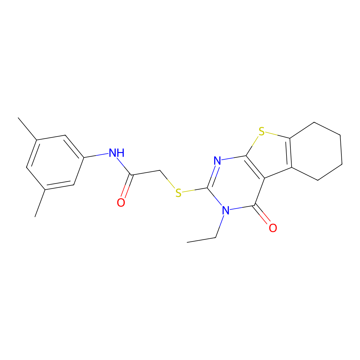 N-(3,5-dimethylphenyl)-2-(3-ethyl-4-oxo(3,5,6,7,8-pentahydrobenzo[b]thiopheno[2,3-d]pyrimidin-2-ylthio))acetamide molecular structure, CAS 680587-53-5