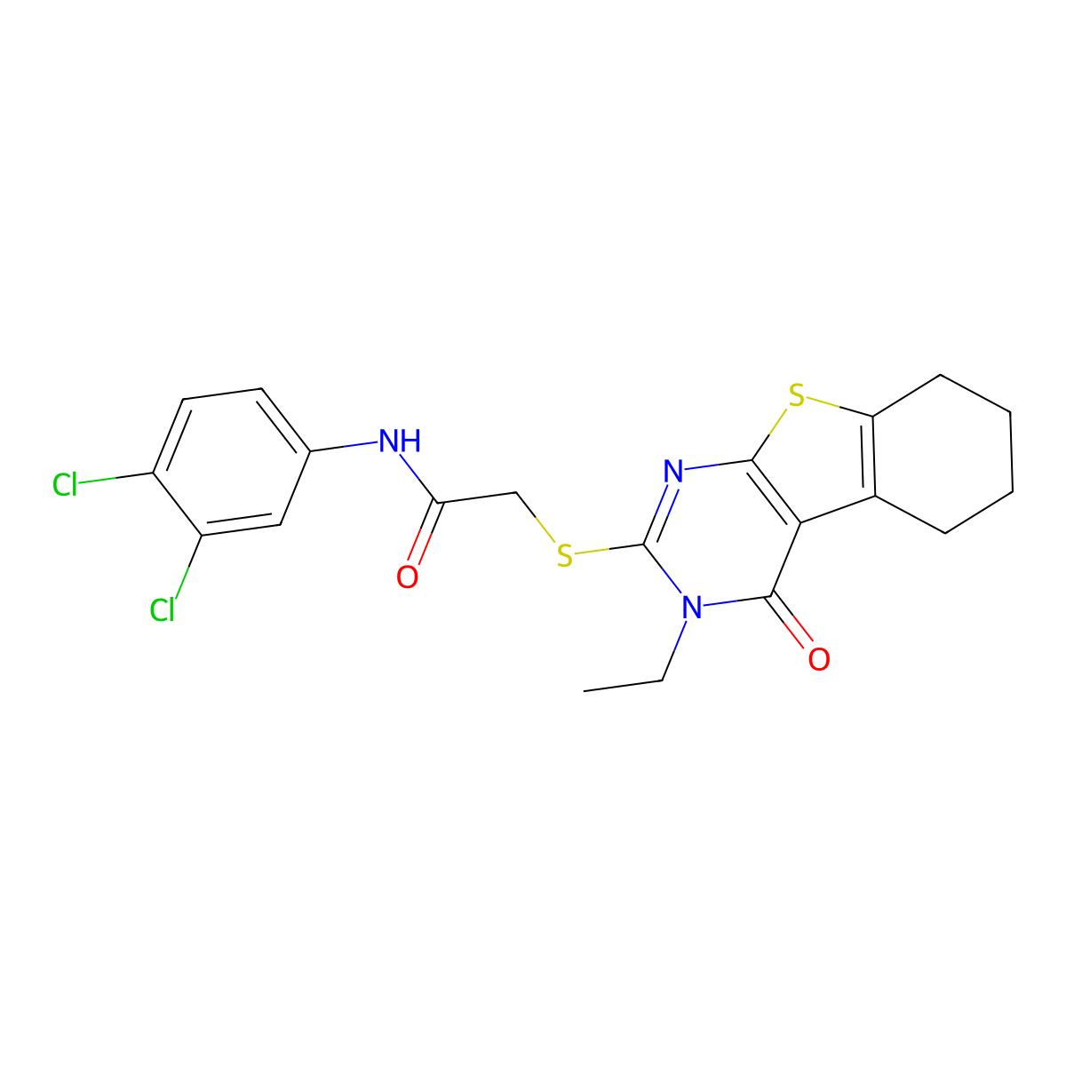 N-(3,4-dichlorophenyl)-2-(3-ethyl-4-oxo(3,5,6,7,8-pentahydrobenzo[b]thiopheno[2,3-d]pyrimidin-2-ylthio))acetamide molecular structure, CAS 680593-07-1