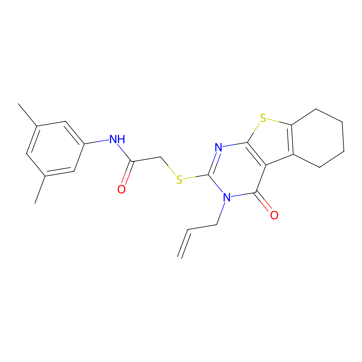 N-(3,5-dimethylphenyl)-2-(4-oxo-3-prop-2-enyl(3,5,6,7,8-pentahydrobenzo[b]thio pheno[2,3-d]pyrimidin-2-ylthio))acetamide molecular structure, CAS 680593-32-2