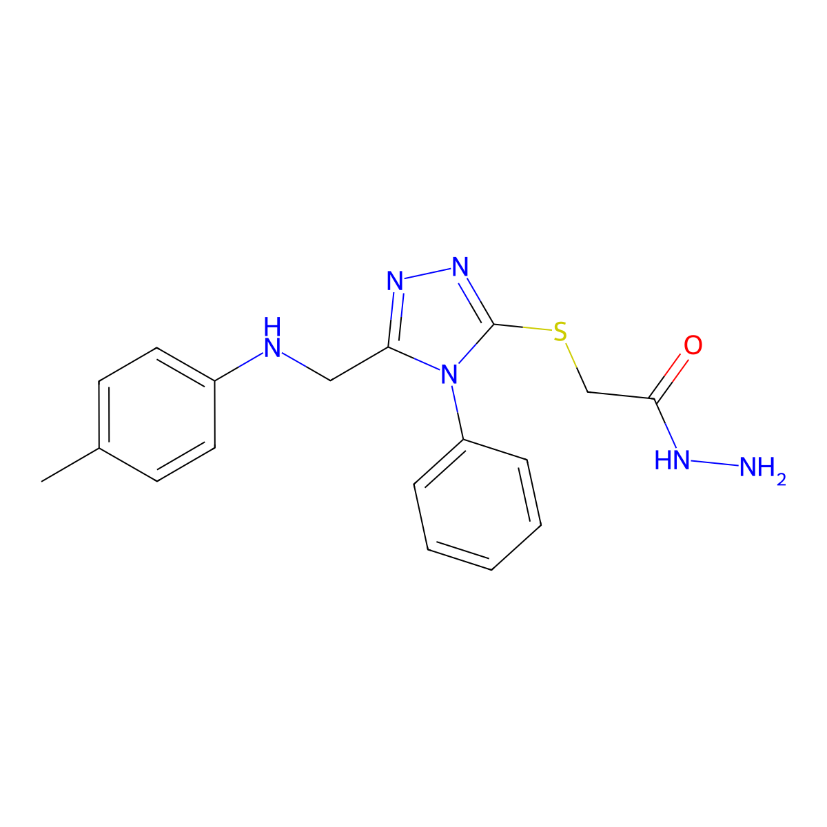 2-[(5-{[(4-methylphenyl)amino]methyl}-4-phenyl-4H-1,2,4-triazol-3-yl)thio]acetohydrazide molecular structure, CAS 680594-42-7