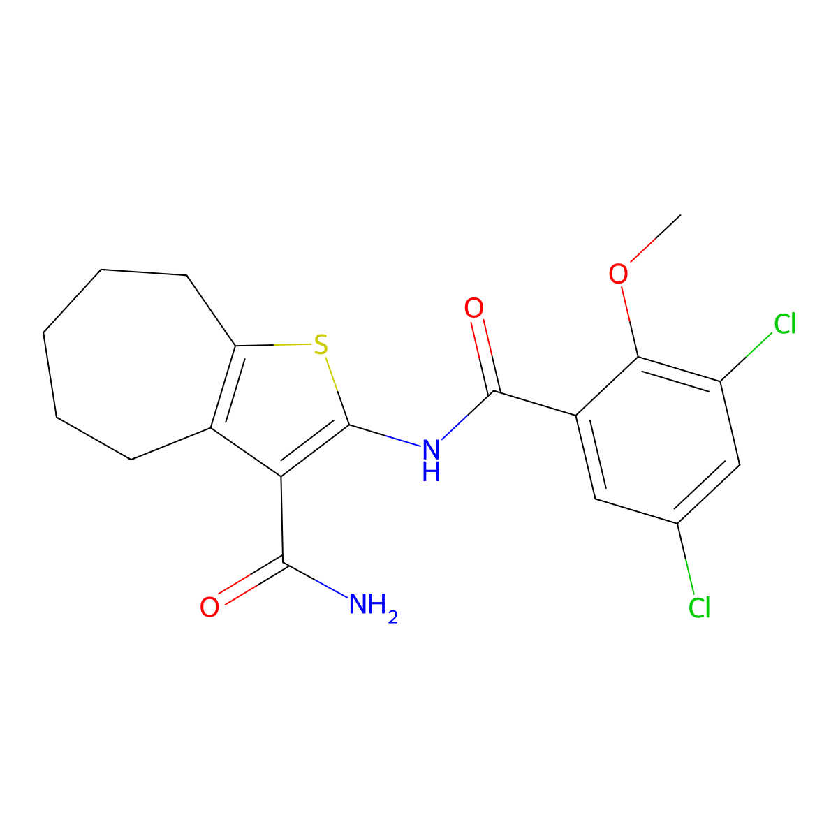 2-[(3,5-dichloro-2-methoxybenzoyl)amino]-5,6,7,8-tetrahydro-4H-cyclohepta[b]thiophene-3-carboxamide molecular structure, CAS 680595-72-6