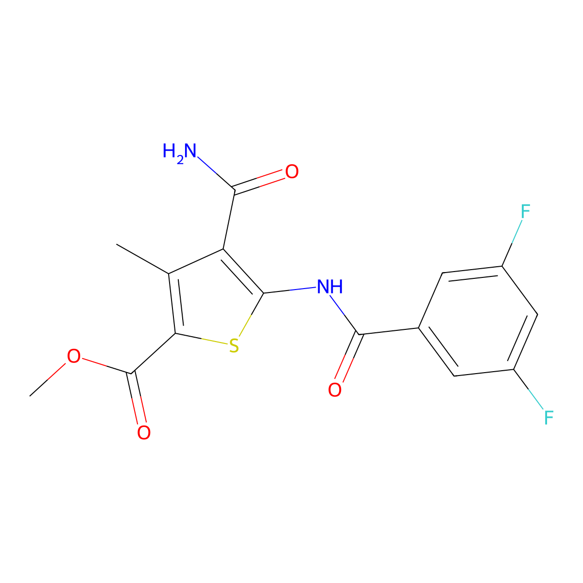 Methyl 4-carbamoyl-5-{[(3,5-difluorophenyl)carbonyl]amino}-3-methylthiophene-2-carboxylate molecular structure, CAS 680599-89-7
