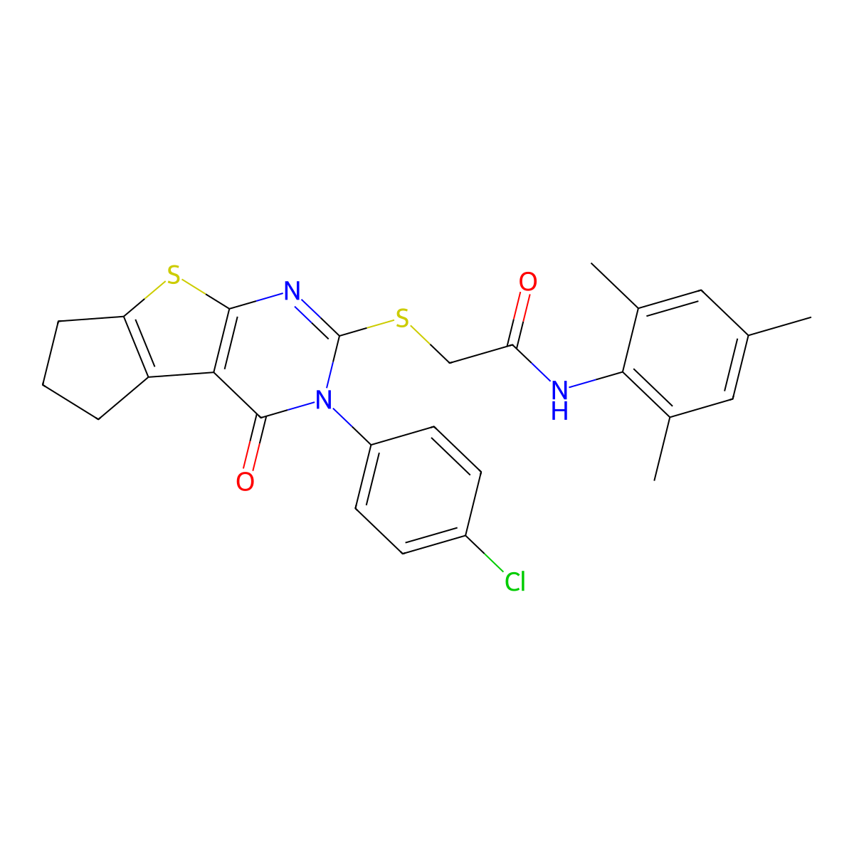 2-((3-(4-chlorophenyl)-4-oxo-4,5,6,7-tetrahydro-3H-cyclopenta[4,5]thieno[2,3-d]pyrimidin-2-yl)thio)-N-mesitylacetamide molecular structure, CAS 680601-32-5
