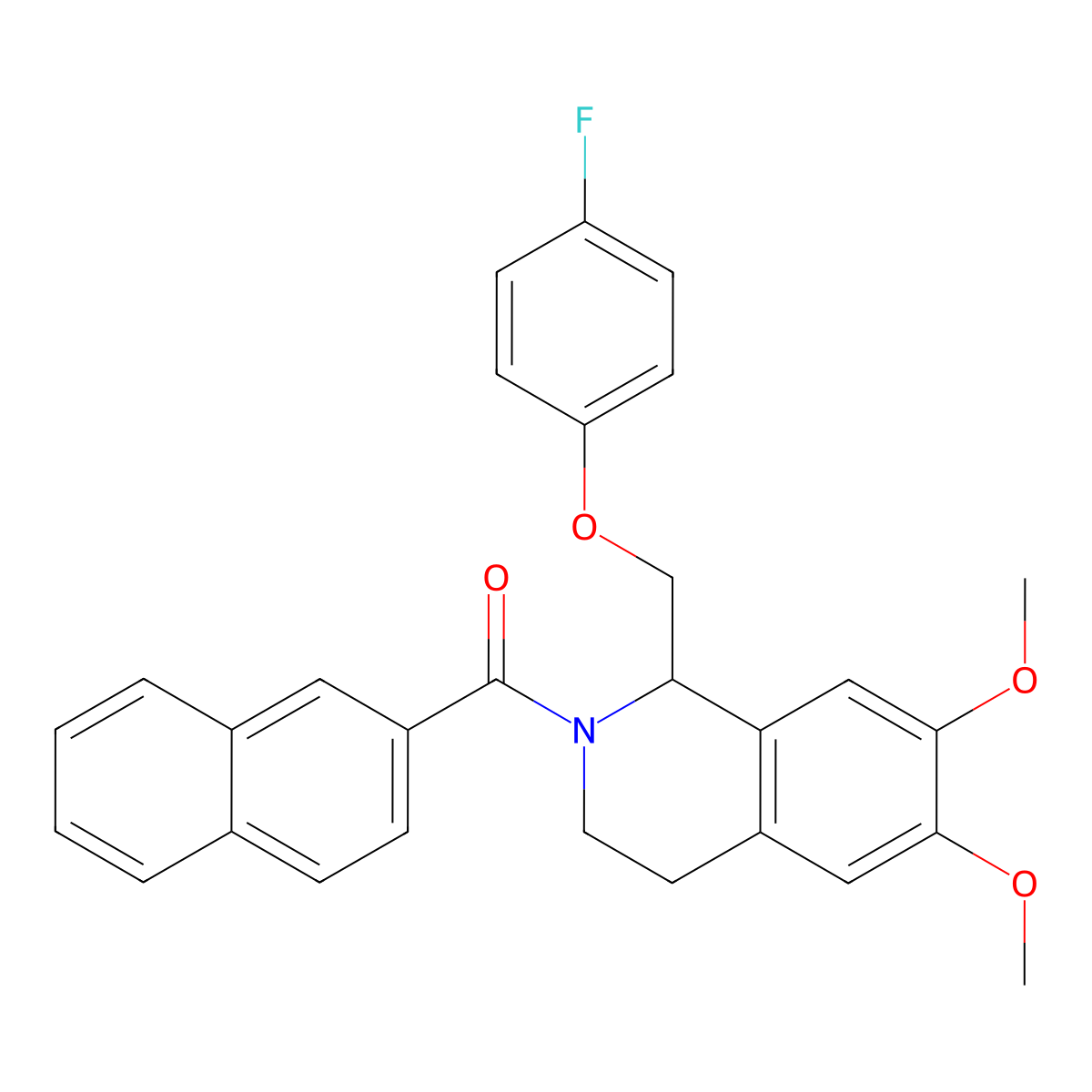 (1-((4-fluorophenoxy)methyl)-6,7-dimethoxy-3,4-dihydroisoquinolin-2(1H)-yl)(naphthalen-2-yl)methanone molecular structure, CAS 680603-50-3