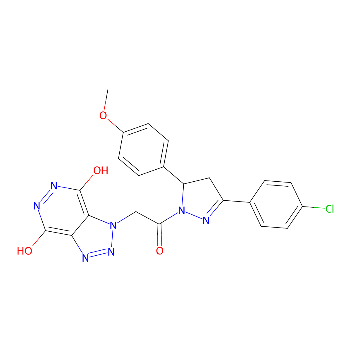 1-(3-(4-chlorophenyl)-5-(4-methoxyphenyl)-4,5-dihydro-1H-pyrazol-1-yl)-2-(4,7-dihydroxy-1H-[1,2,3]triazolo[4,5-d]pyridazin-1-yl)ethanone molecular structure, CAS 680606-26-2