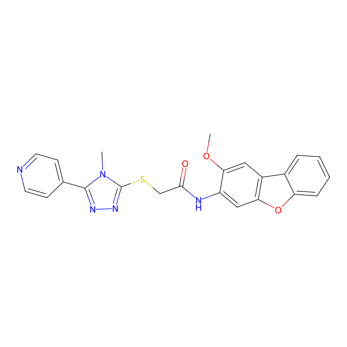 N-(2-methoxydibenzo[b,d]furan-3-yl)-2-{[4-methyl-5-(pyridin-4-yl)-4H-1,2,4-triazol-3-yl]sulfanyl}acetamide molecular structure, CAS 680606-39-7