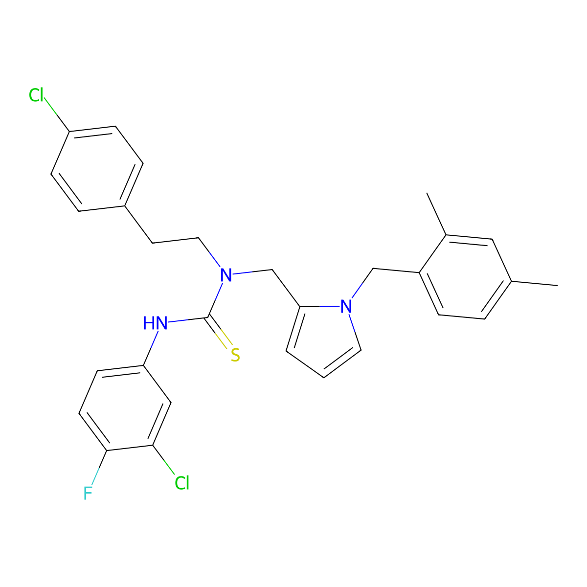 N'-(3-Chloro-4-fluorophenyl)-N-[2-(4-chlorophenyl)ethyl]-N-({1-[(2,4-dimethylphenyl)methyl]-1H-pyrrol-2-yl}methyl)thiourea molecular structure, CAS 6809-49-0