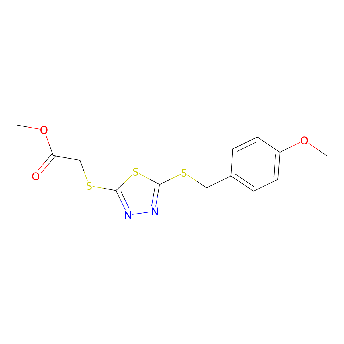 Methyl ((5-((4-methoxybenzyl)thio)-1,3,4-thiadiazol-2-YL)thio)acetate molecular structure, CAS 680988-25-4