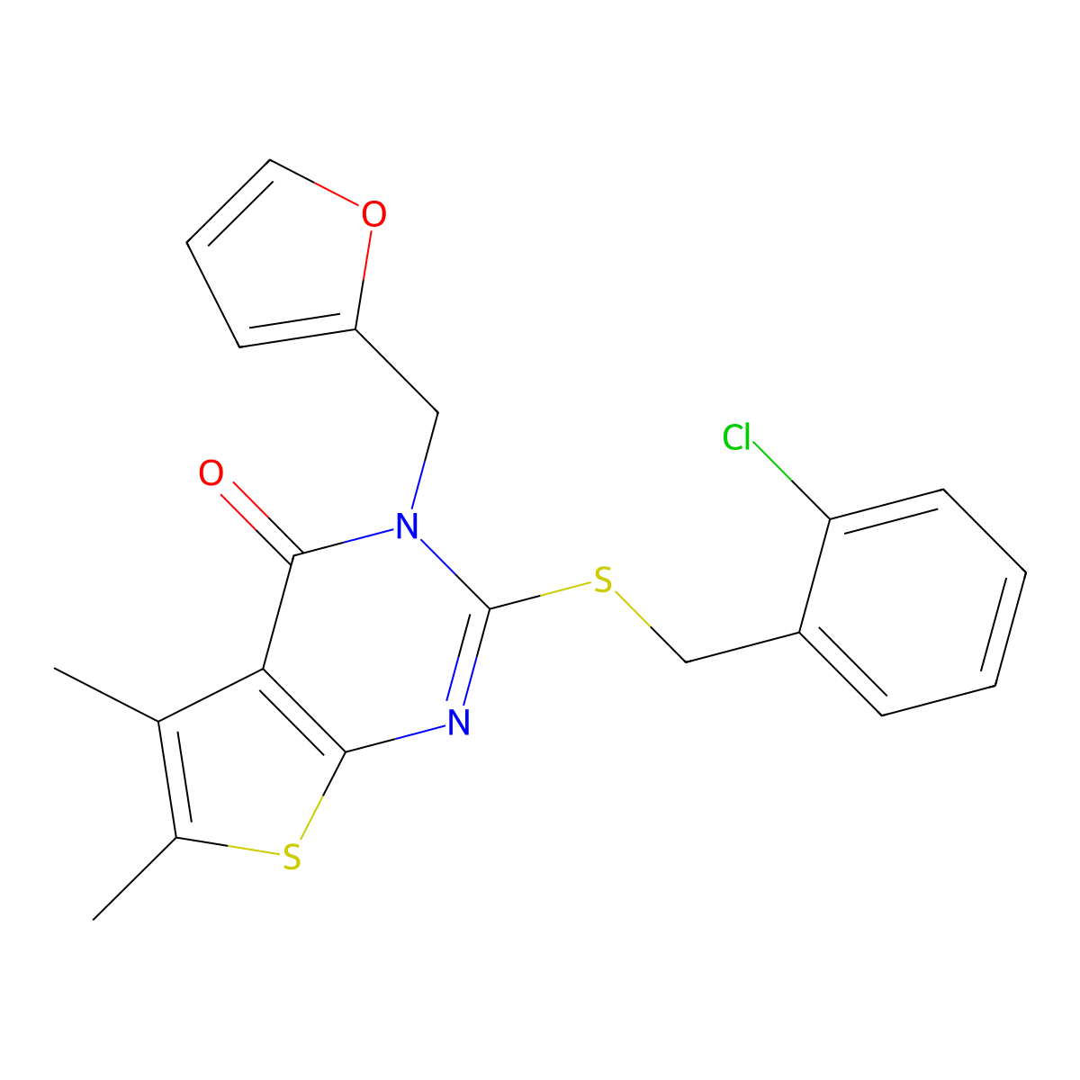 2-[(2-chlorobenzyl)sulfanyl]-3-(furan-2-ylmethyl)-5,6-dimethylthieno[2,3-d]pyrimidin-4(3H)-one molecular structure, CAS 680994-11-0
