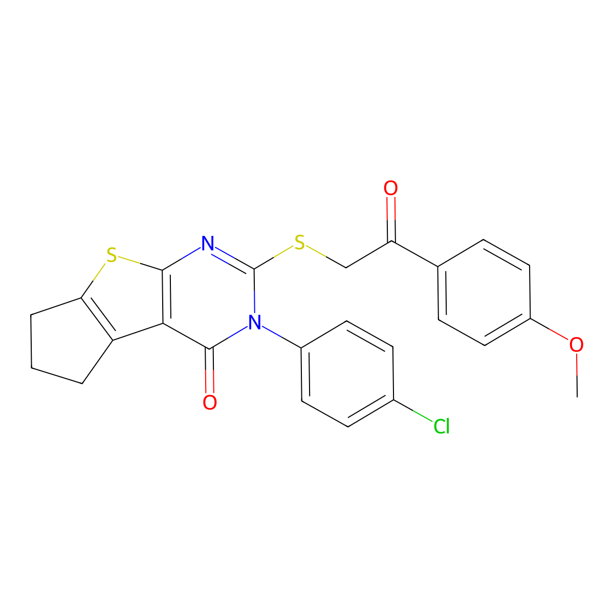 3-(4-chlorophenyl)-2-{[2-(4-methoxyphenyl)-2-oxoethyl]sulfanyl}-3,5,6,7-tetrahydro-4H-cyclopenta[4,5]thieno[2,3-d]pyrimidin-4-one molecular structure, CAS 680995-84-0