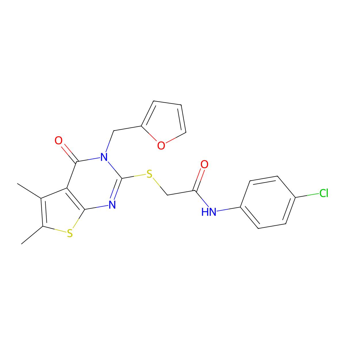 N-(4-chlorophenyl)-2-[3-(2-furylmethyl)-5,6-dimethyl-4-oxo(3-hydrothiopheno[2, 3-d]pyrimidin-2-ylthio)]acetamide molecular structure, CAS 680995-93-1
