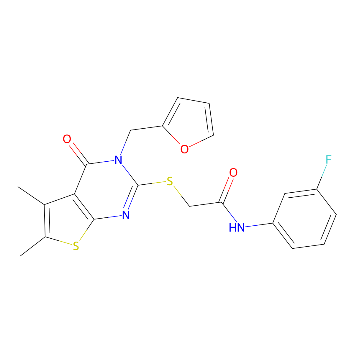 N-(3-fluorophenyl)-2-{[3-(furan-2-ylmethyl)-5,6-dimethyl-4-oxo-3,4-dihydrothieno[2,3-d]pyrimidin-2-yl]sulfanyl}acetamide molecular structure, CAS 680998-50-9