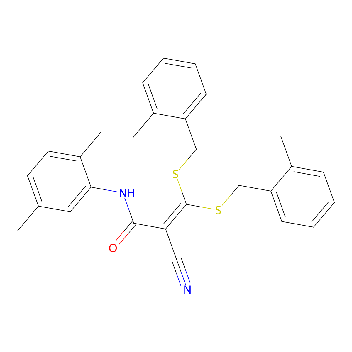 2-cyano-N-(2,5-dimethylphenyl)-3,3-bis[(2-methylphenyl)methylsulfanyl]prop-2-enamide molecular structure, CAS 6810-86-2