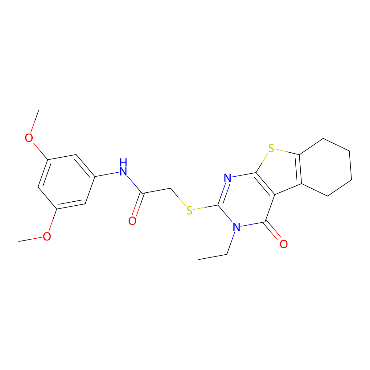 N-(3,5-dimethoxyphenyl)-2-[(3-ethyl-4-oxo-3,4,5,6,7,8-hexahydro[1]benzothieno[2,3-d]pyrimidin-2-yl)sulfanyl]acetamide molecular structure, CAS 681005-21-0